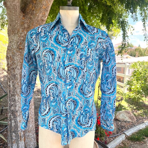 70's Funky Print Shirt - Size Large - Blues Hues - Brand Jonathan Hill Design - Picture 1 of 10